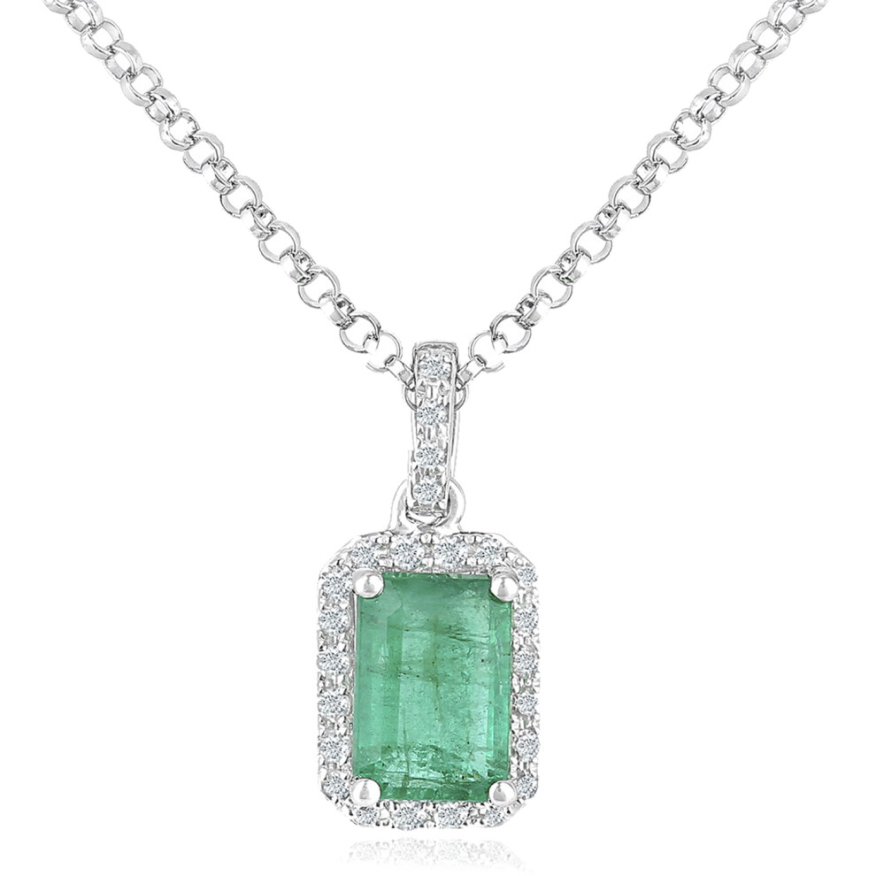 Jewelco London 18ct White Gold Round 5pts Diamond Octagon 1/2ct Emerald Cluster Pendant Necklace 16 inch 42cm - DP1AXL604W18EM