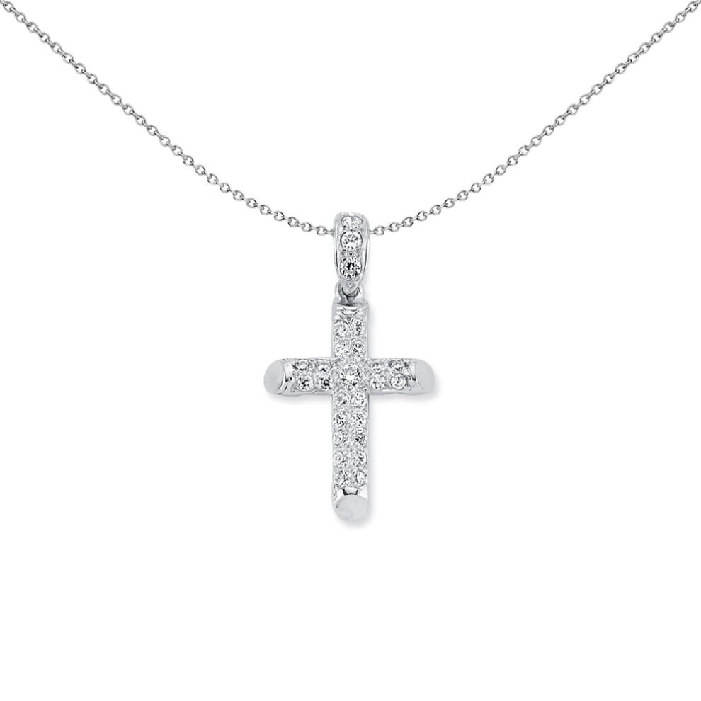 Jewelco London Rhodium Plated Sterling Silver Round Cubic Zirconia 2 Row Pave Cross Pendant Necklace 36mm 18 inch - APX015