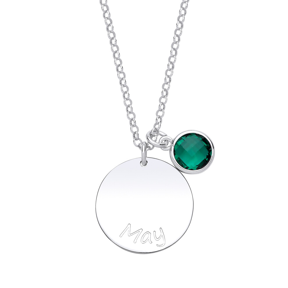 Jewelco London Ladies Sterling Silver Emerald-Green Checkerboard Button Cubic Zirconia Birthstone Round Tag Medallion Necklace 16 inch - GVK306EM
