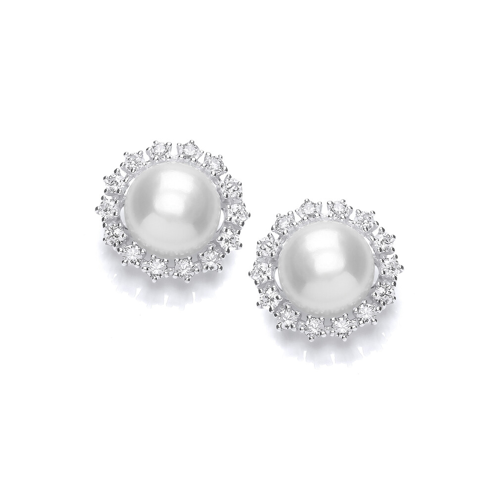 Jewelco London Ladies Sterling Silver Cubic Zirconia & Freshwater Cultured Pearl Sunflower Cluster Stud Earrings 9mm - GVE916