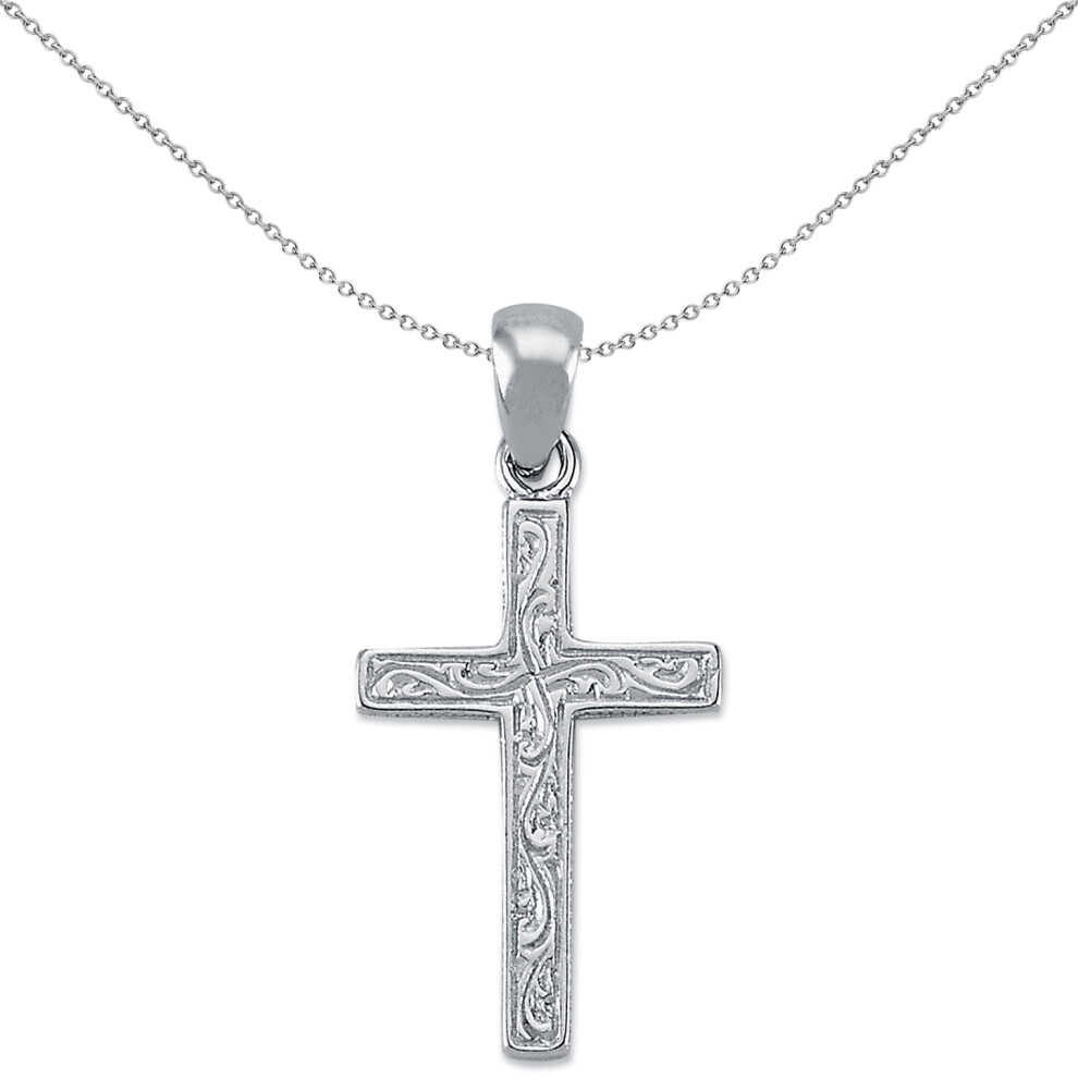 Jewelco London Rhodium Plated Sterling Silver Carved Cross Pendant Necklace 31mm 18 inch - APX020