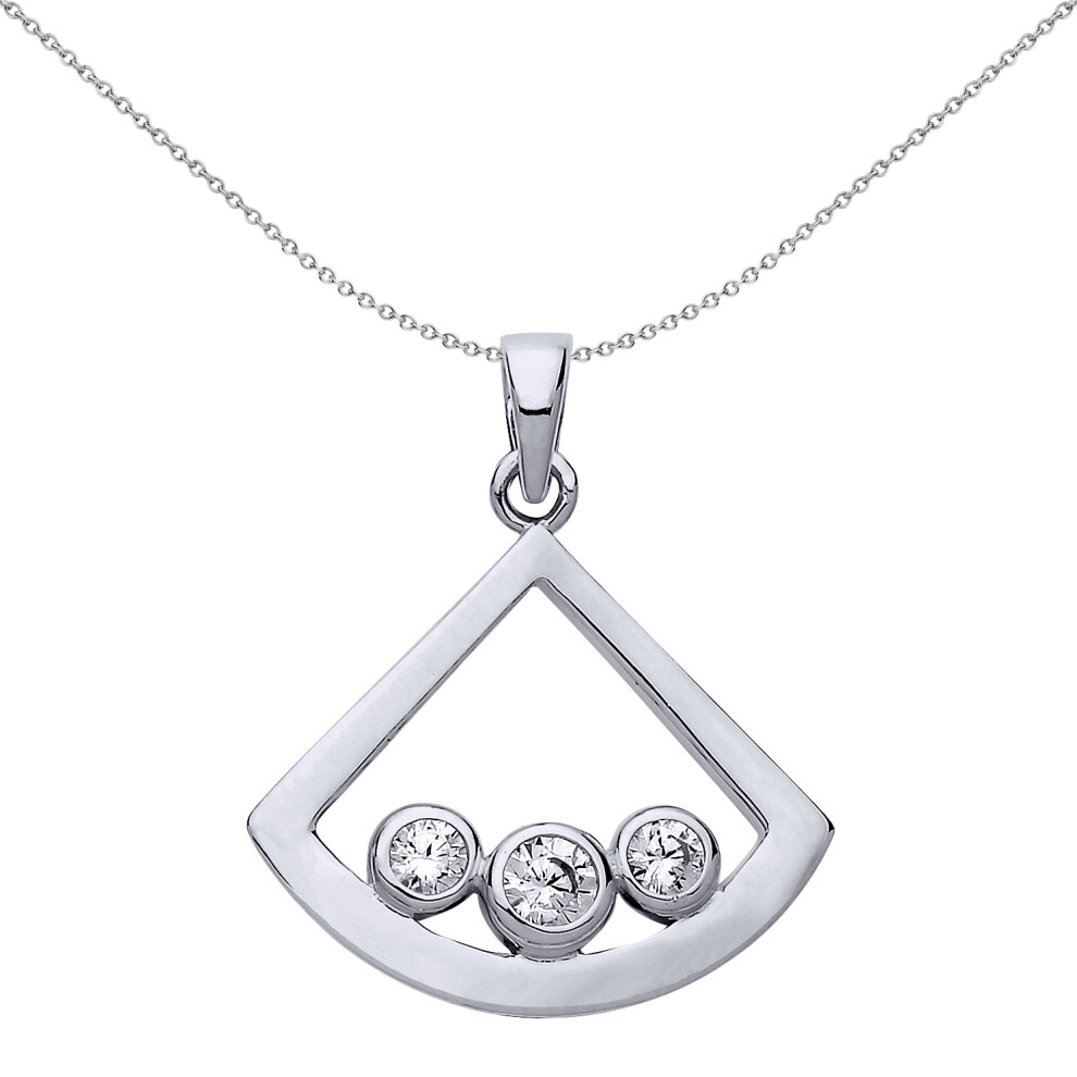 Jewelco London Ladies Sterling Silver Cubic Zirconia Fan Cone Trilogy Pendant Necklace 18 inch - GVP478