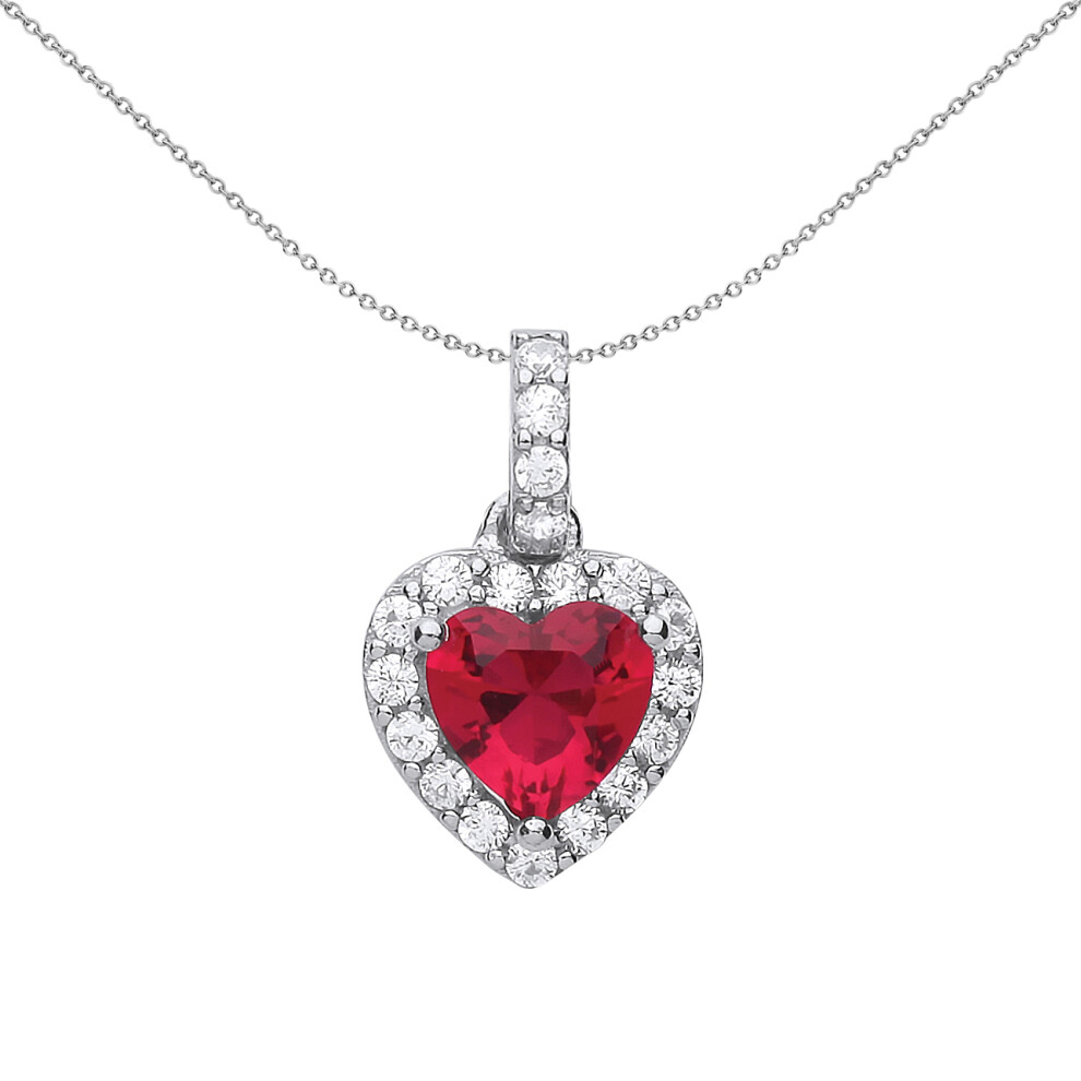 Jewelco London Ladies Sterling Silver Ruby-Red Cubic Zirconia Halo Love Heart Charm Necklace 18 inch - GVP484