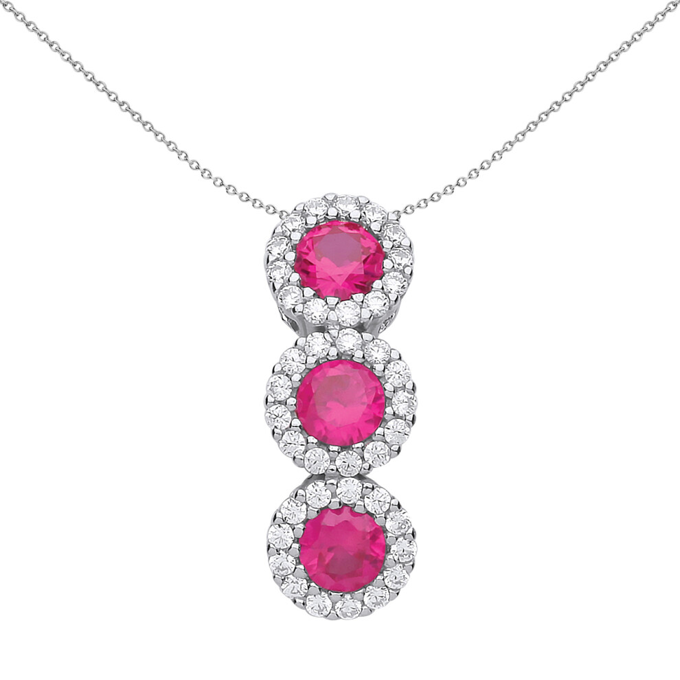 Jewelco London Ladies Sterling Silver Ruby-Red Cubic Zirconia Trilogy Halo Cluster Pendant Necklace 18 inch - GVP485RU