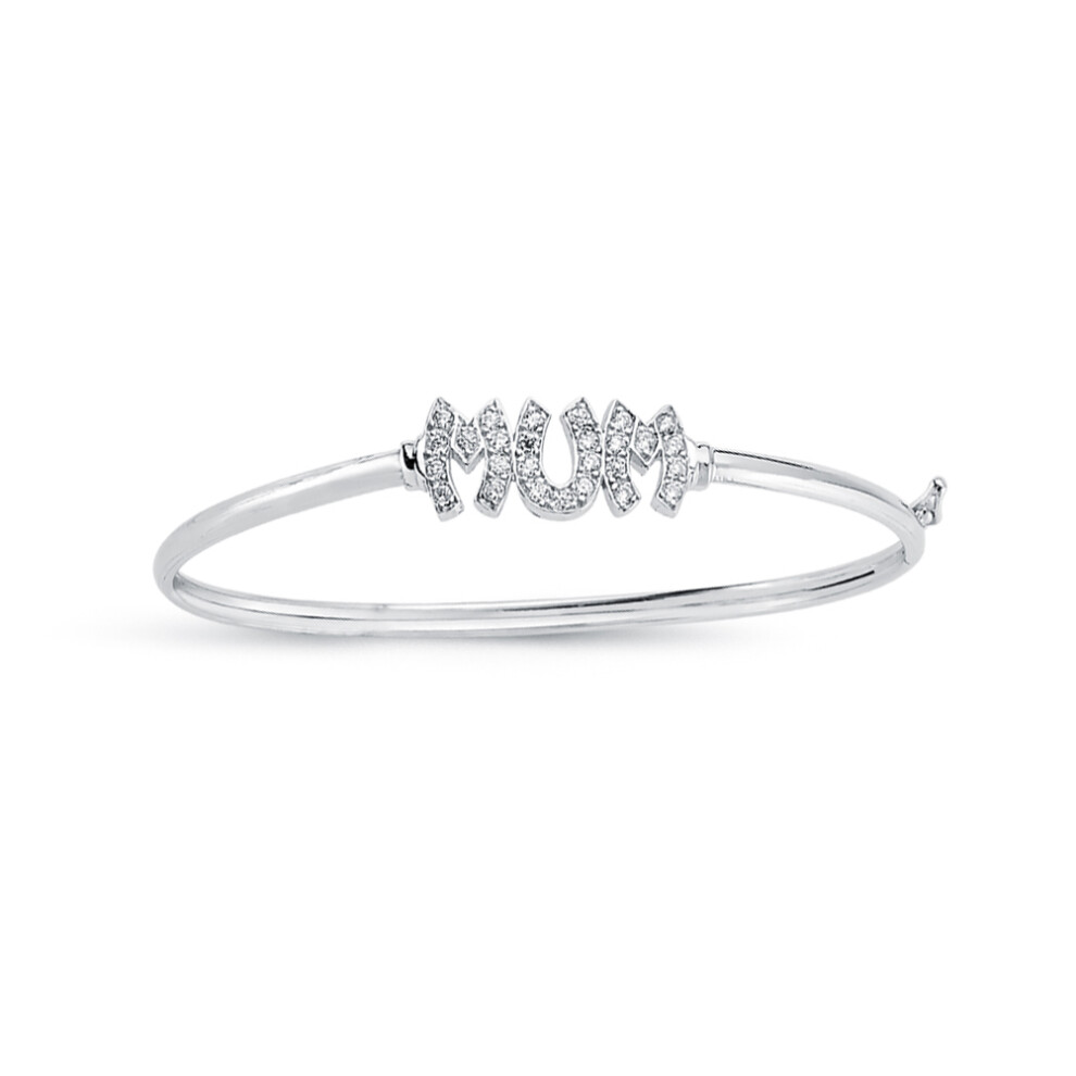 Jewelco London Rhodium Plated Sterling Silver Round Cubic Zirconia MUM ID Bangle Bracelet 3mm - ABG060