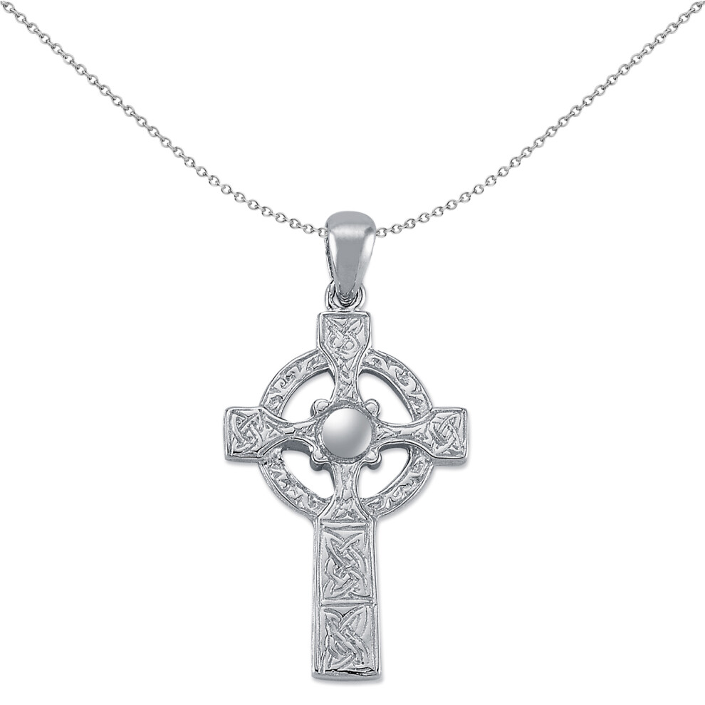 Jewelco London Rhodium Plated Sterling Silver Celtic Knot Cross Pendant Necklace 41mm 18 inch - APX022