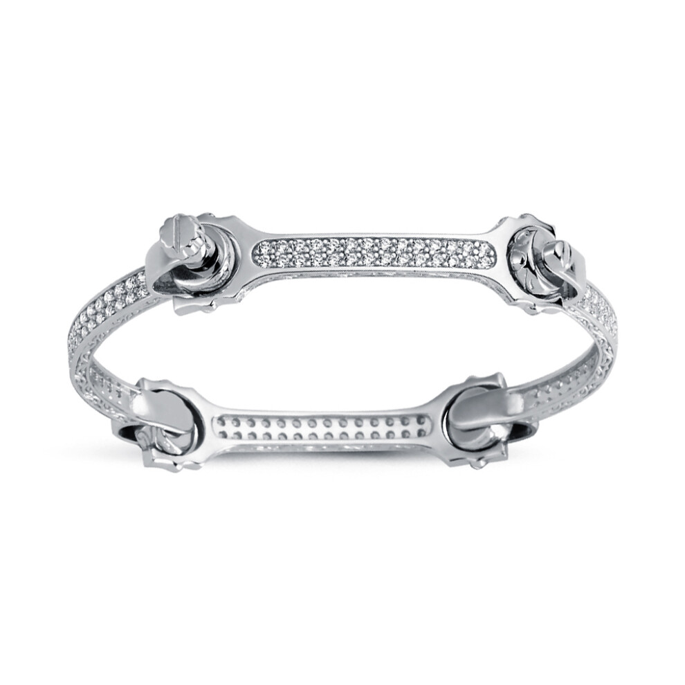 Jewelco London Rhodium Plated Sterling Silver Round Cubic Zirconia Spanner & Socket Bangle Bracelet 4mm - ABG062