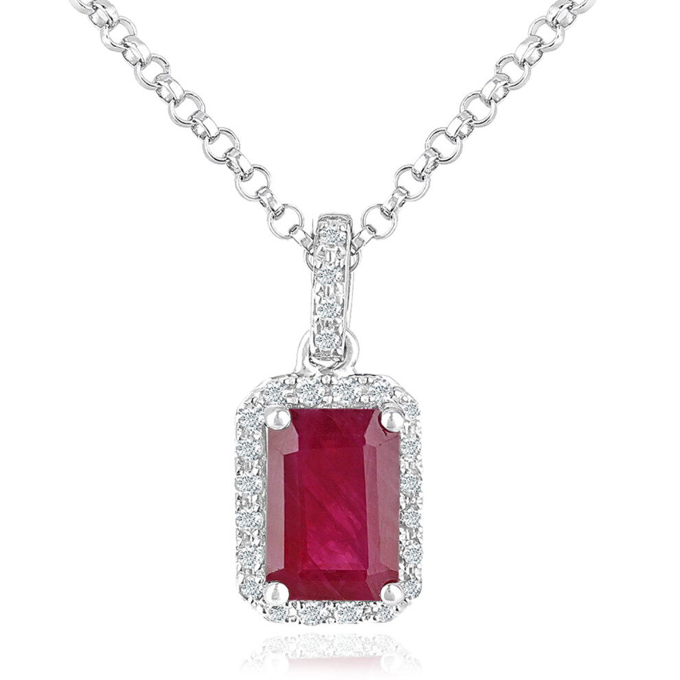 Jewelco London 18ct White Gold Round 5pts Diamond Octagon 0.6ct Ruby Cluster Pendant Necklace 16 inch 42cm - DP1AXL604W18RU