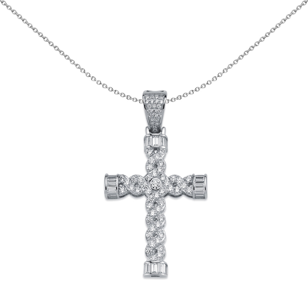 Jewelco London Rhodium Plated Sterling Silver Round Cubic Zirconia Platted Twist Cross Pendant Necklace 49mm 18 inch - APX023