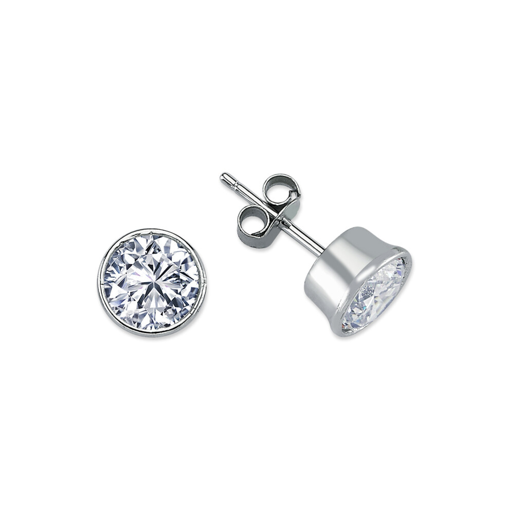 Jewelco London Rhodium Plated Sterling Silver Round Cubic Zirconia Solitaire Stud Earrings 8mm 9mm - AES113E-image-OPC-P6YKR7S-NEW