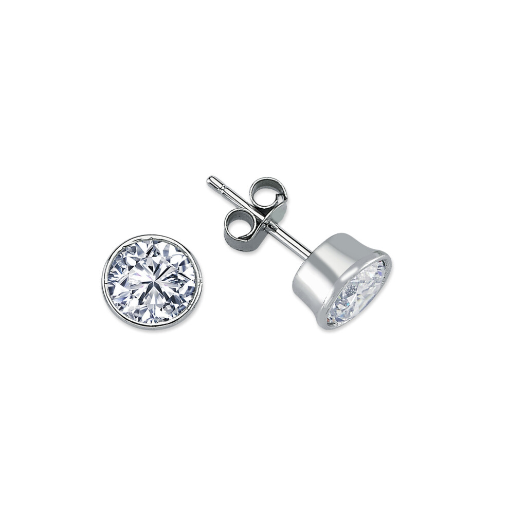 Jewelco London Rhodium Plated Sterling Silver Round Cubic Zirconia Solitaire Stud Earrings 7mm 8mm - AES113D