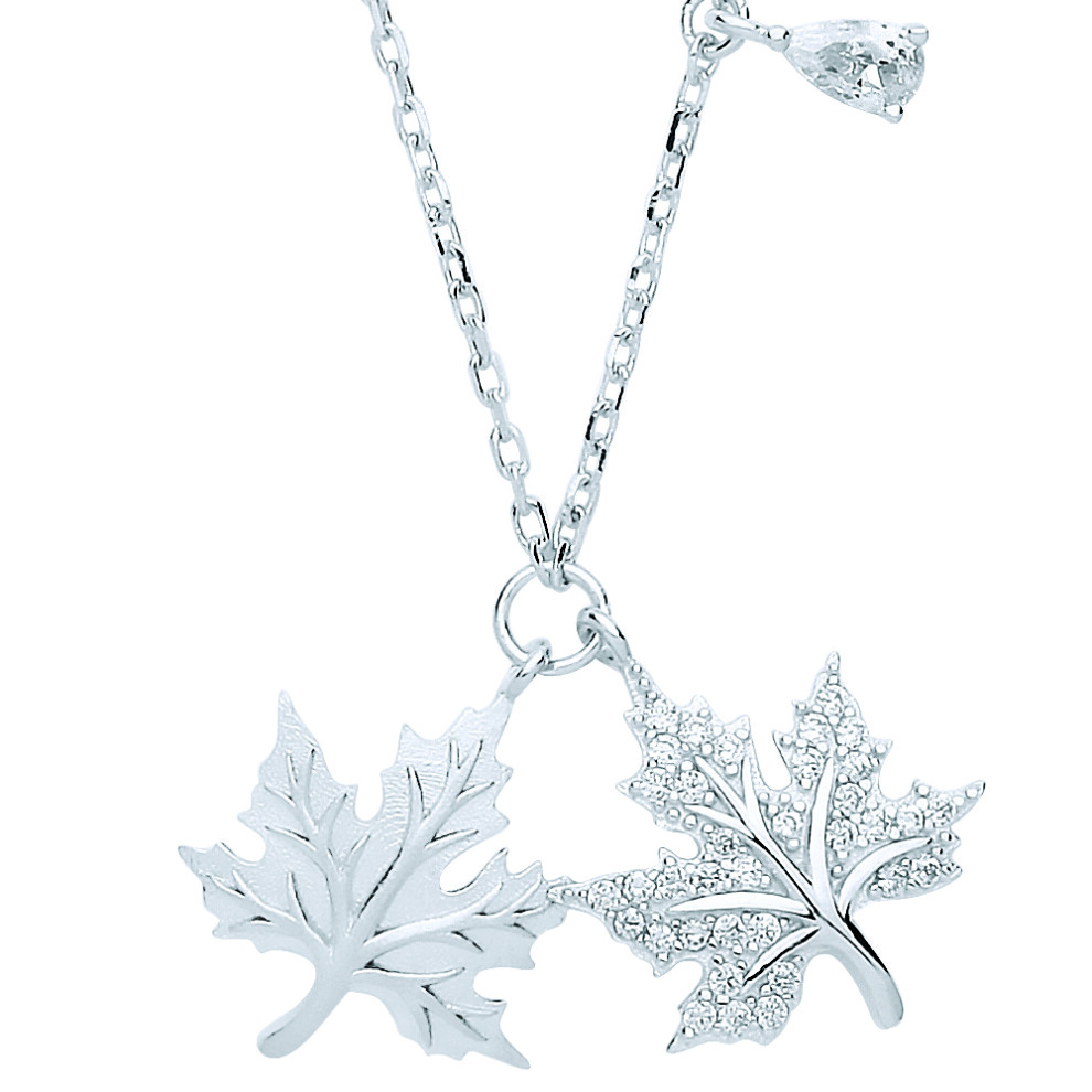 Jewelco London Ladies Sterling Silver Pear Cubic Zirconia Canada Maple Leaf Charm Necklace - GVK320