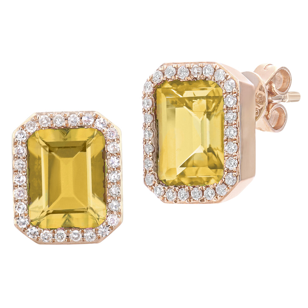 Jewelco London 9ct Rose Gold Round 0.3ct Diamond Octagon 4.5ct Citrine Cocktail Drop Earrings - DE1AXL677RCT