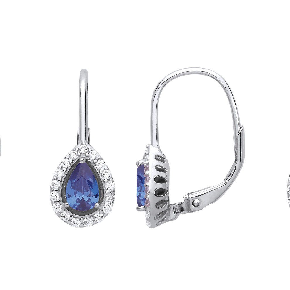 Silver Blue Pear CZ Tears Of Joy Halo Drop Earrings - GVE814CP