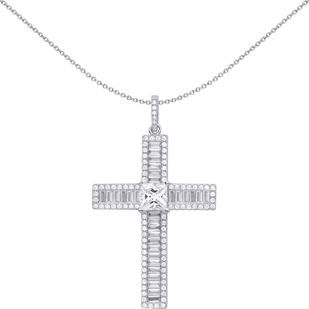 Jewelco London Unisex Sterling Silver Princess Cut Cubic Zirconia Vanity Mirror Style Cross Pendant Necklace 18 inch - GVX054