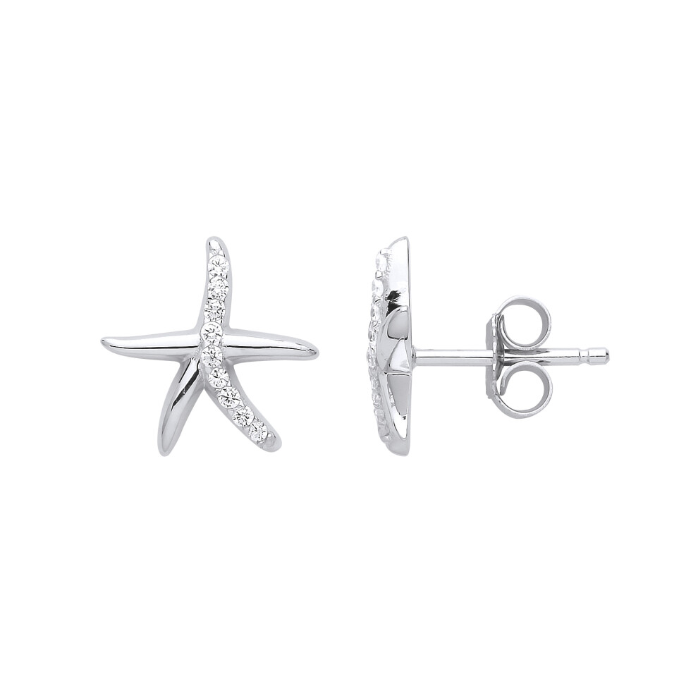 Jewelco London Ladies Sterling Silver Cubic Zirconia Starfish Stud Earrings - GVE778