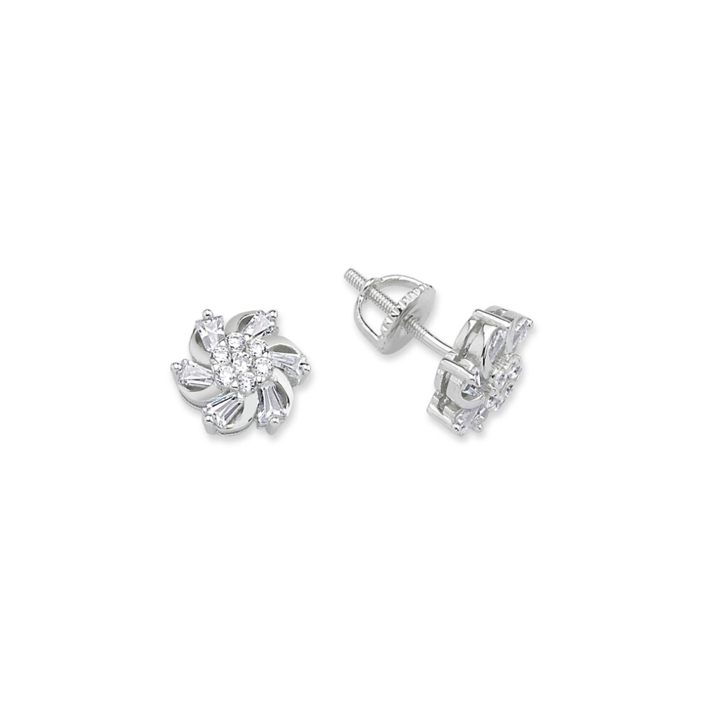 Jewelco London Ladies Sterling Silver Tapered Baguette Cubic Zirconia Screw Back Flower Stud Earrings - GVE679