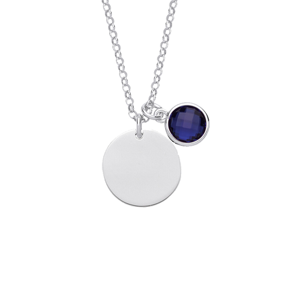 Jewelco London Sterling Silver Sapphire-Blue Checkerboard Button CZ September Birthstone Medallion Necklace 16 inch - GVK338SAP
