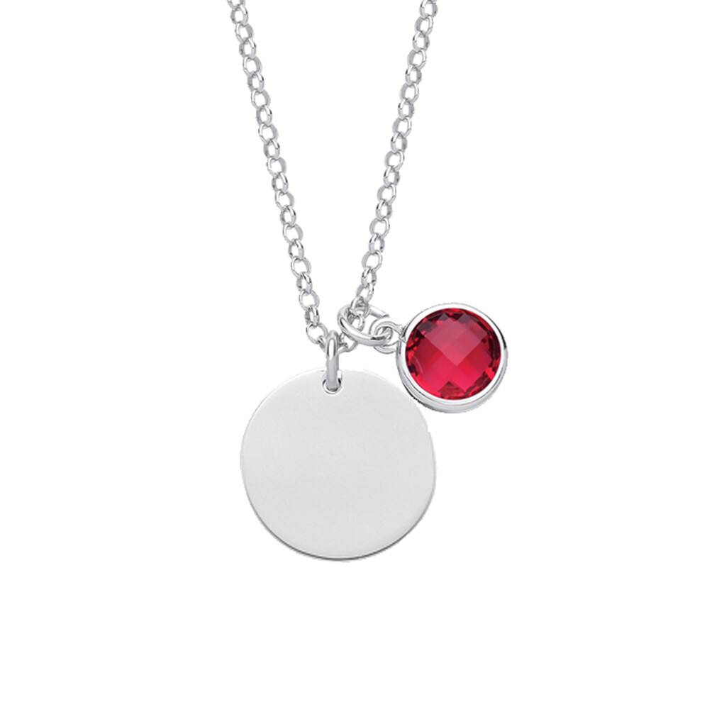 Jewelco London Ladies Sterling Silver Ruby-Red Checkerboard Button Cubic Zirconia July Birthstone Medallion Necklace 16 inch - GVK338RUB