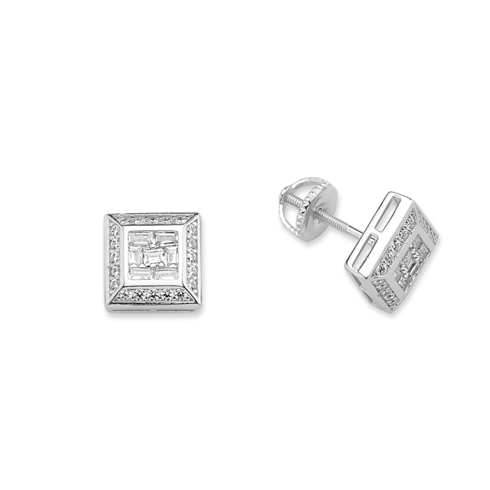 Jewelco London Ladies Sterling Silver Baguette Cubic Zirconia Screw-back Cluster Stud Earrings - GVE674