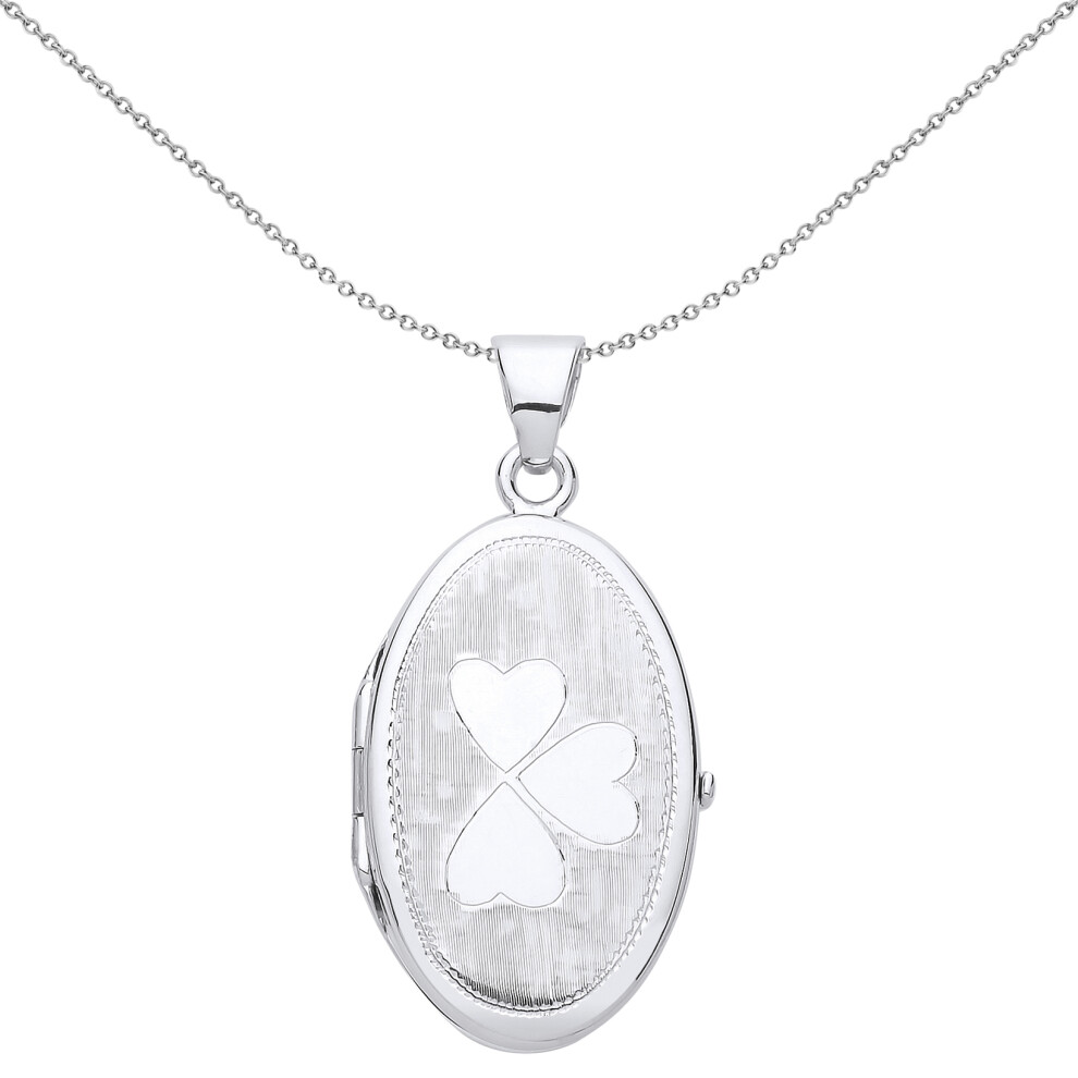 Jewelco London Ladies Sterling Silver Love Heart Clover Oval Locket Necklace 18 inch - LK53