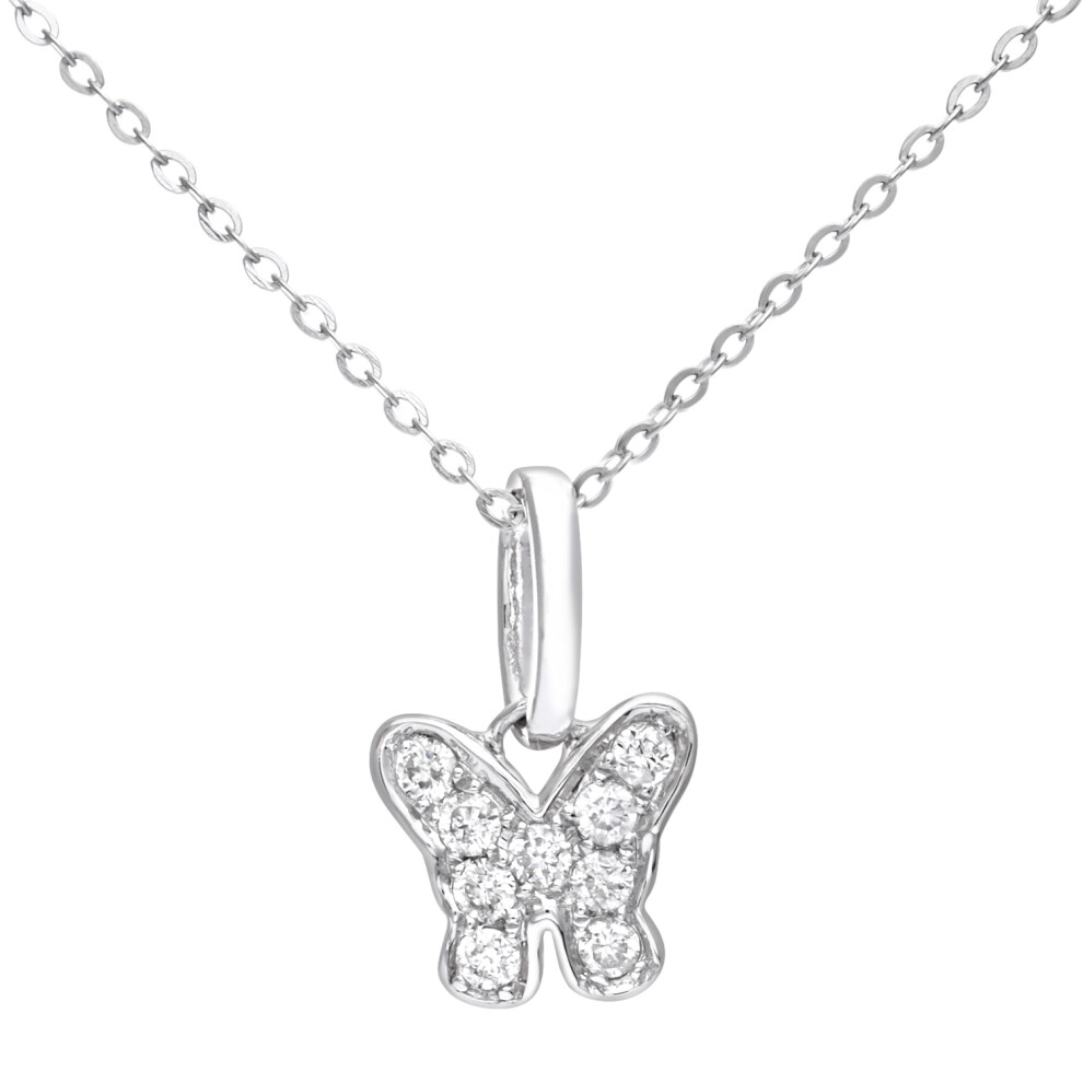 Jewelco London 9ct White Gold Round 10pts Diamond Butterfly Pendant Necklace 16 inch 42cm - DP1AXL128W