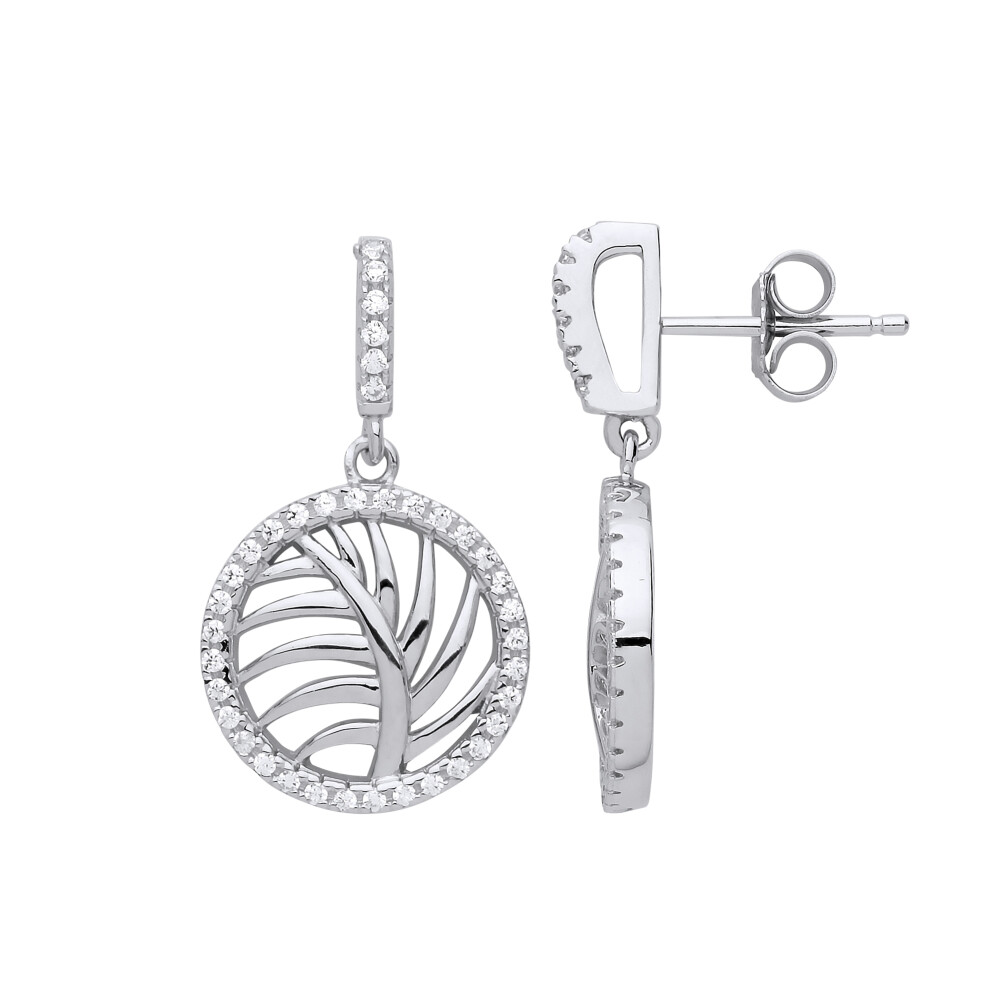 Jewelco London Ladies Sterling Silver Cubic Zirconia Palm Tree Leaf Halo Stud Drop Earrings - GVE838