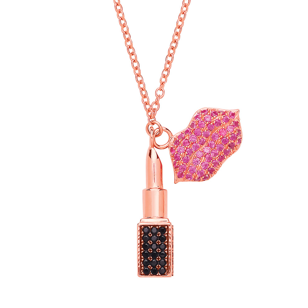 Jewelco London Ladies Rose Gold-Plated Sterling Silver Pink & Black Cubic Zirconia Lipstick Lips Kiss Charm Necklace 18 inch - GVK268