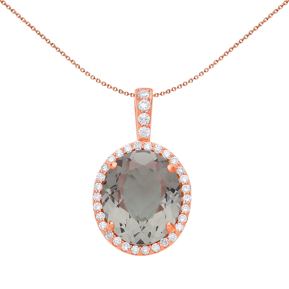 Jewelco London Ladies Rose Gold-Plated Sterling Silver Grey Olive Oval Cubic Zirconia Solitaire Halo Pendant Necklace 18 inch - GVP488