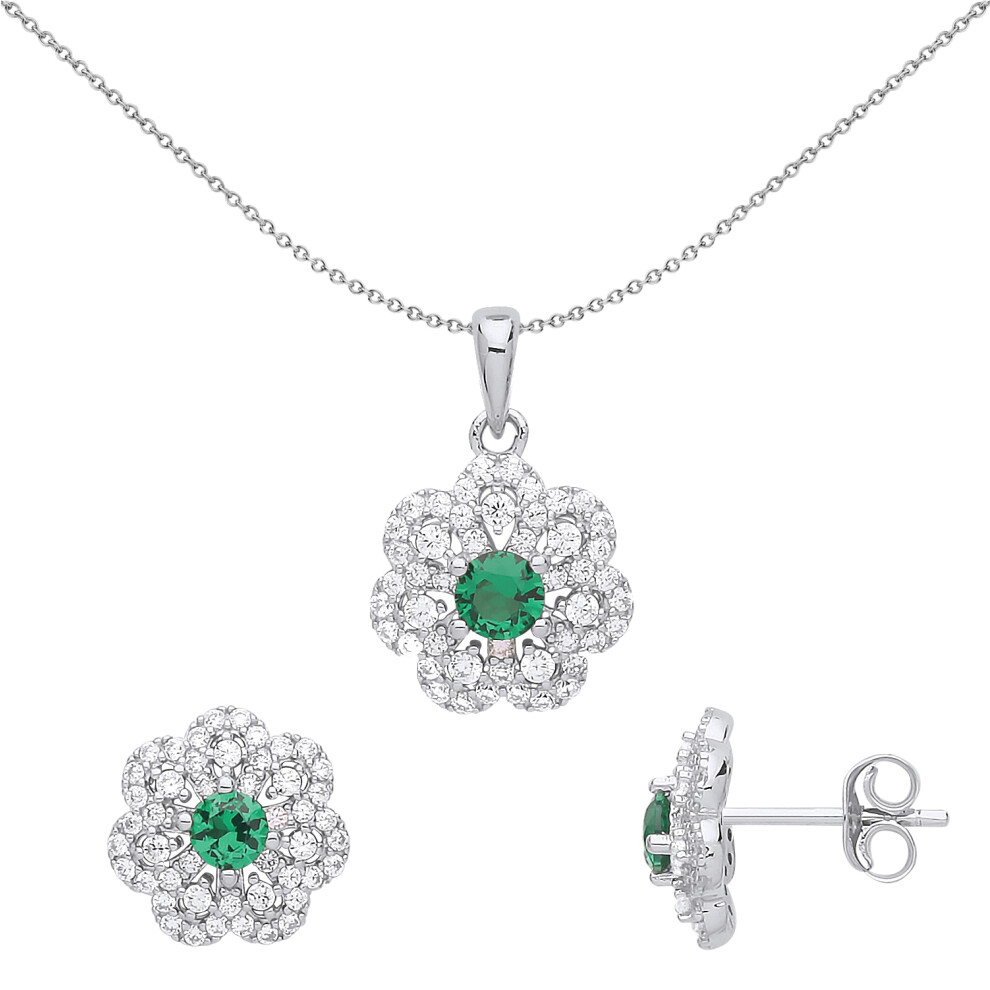 Jewelco London Ladies Sterling Silver Emerald-Green Cubic Zirconia Daisy Flower Cluster Earrings Necklace Set - GSET615