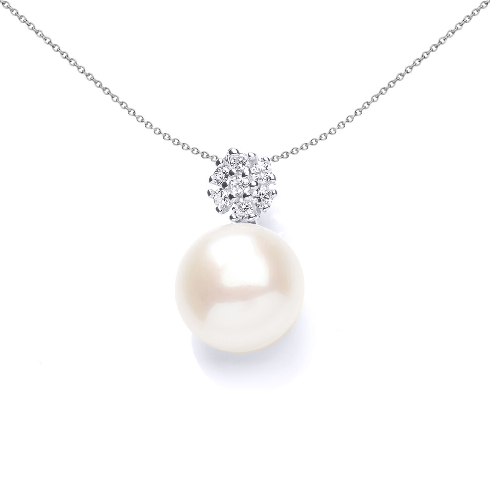 Jewelco London Ladies Sterling Silver Cubic Zirconia & Freshwater Cultured Pearl Mini Cluster Pendant Necklace 9mm 18 inch - GVP543