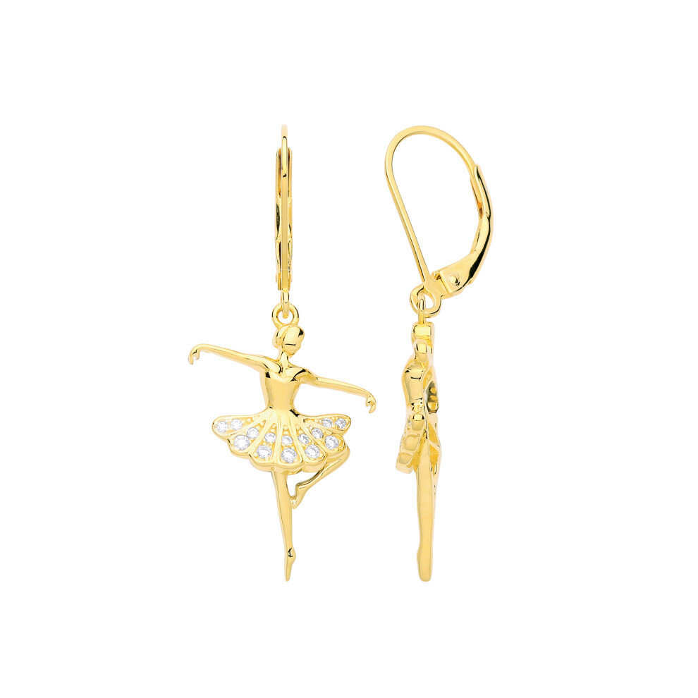 Jewelco London Ladies Yellow Gold-Plated Sterling Silver Cubic Zirconia Ballerina Ballet Dancer Drop Earrings - GVE691