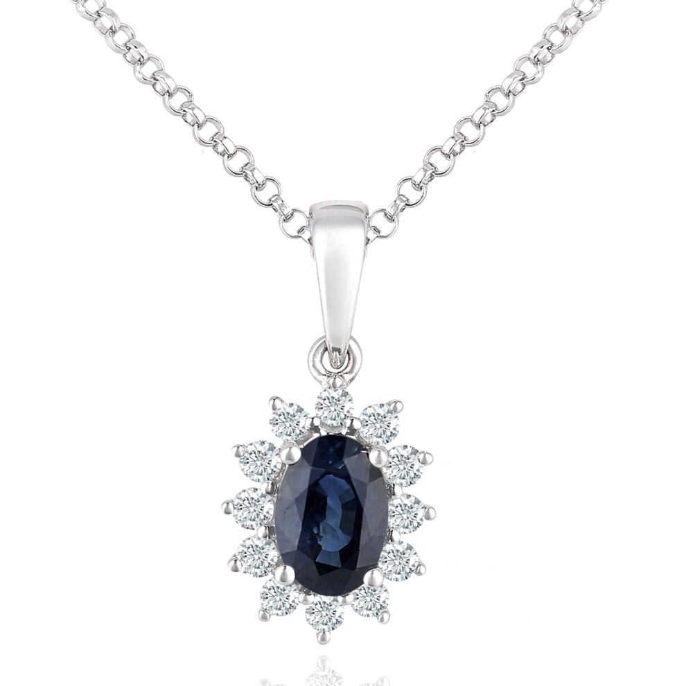 Jewelco London 18ct White Gold Round 15pts Diamond Oval 0.55ct Sapphire Cluster Pendant Necklace 16 inch 42cm - DP1AXL605W18SA