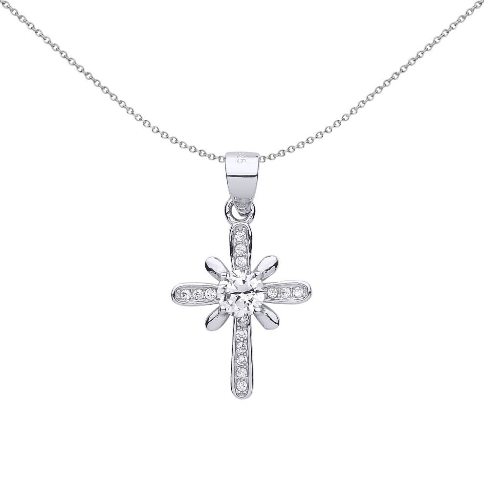 Jewelco London Ladies Sterling Silver Cubic Zirconia Sun Rays Cross Pendant Necklace 18 inch - GVX045