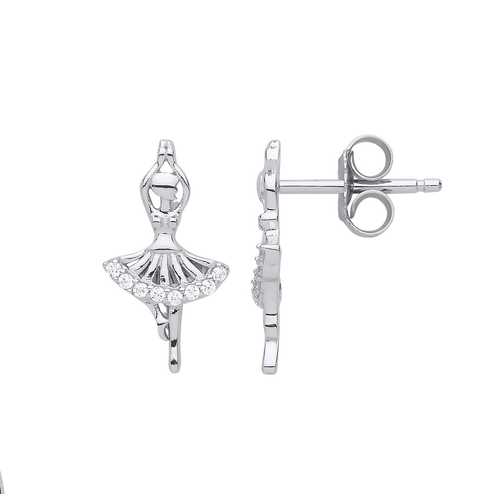Jewelco London Ladies Sterling Silver Cubic Zirconia Ballerina Ballet Dancer Stud Drop Earrings - GVE783