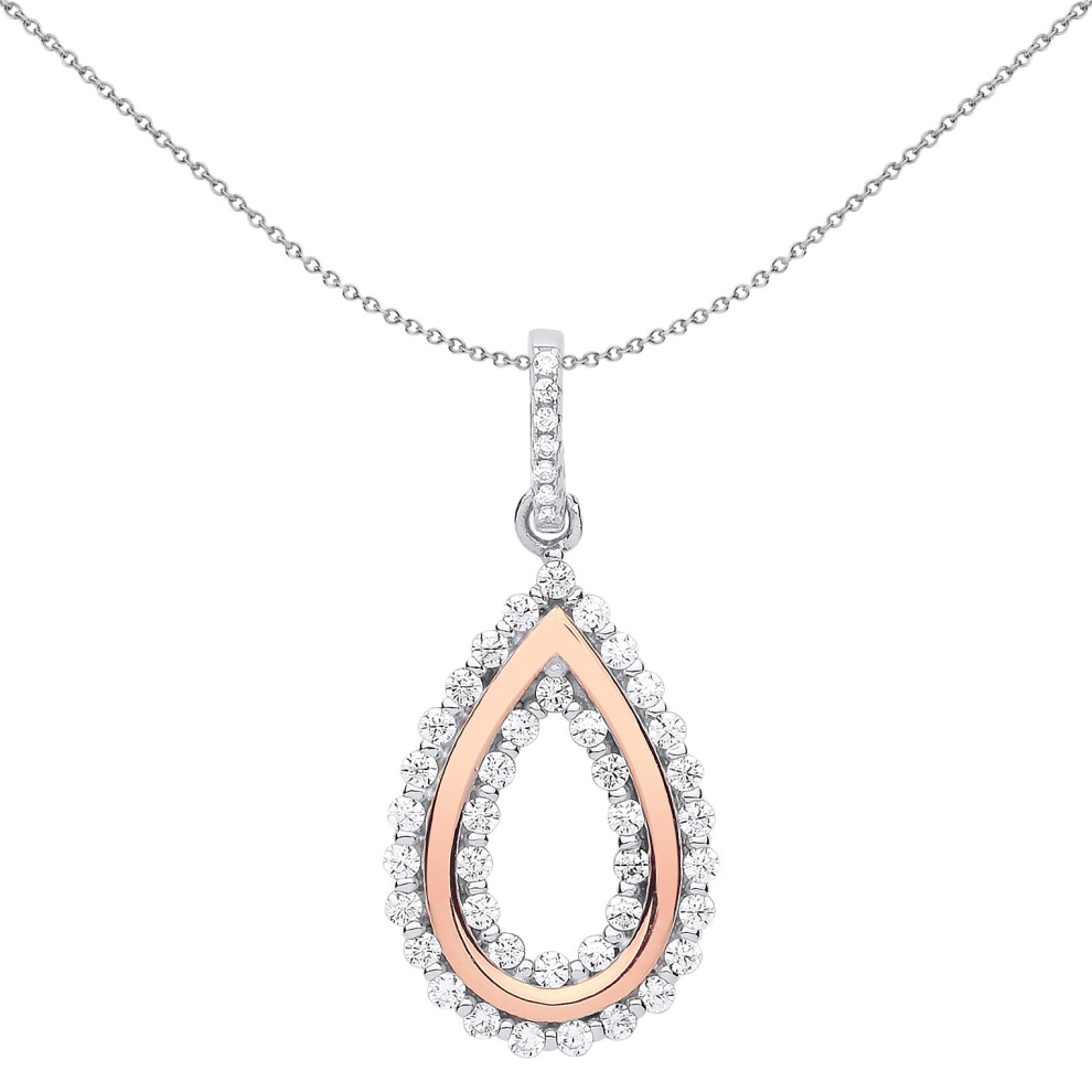 Jewelco London Ladies Rhodium & Rose Gold-Plated Sterling Silver Cubic Zirconia Pear Avocado Pendant Necklace 18 inch - GVP525