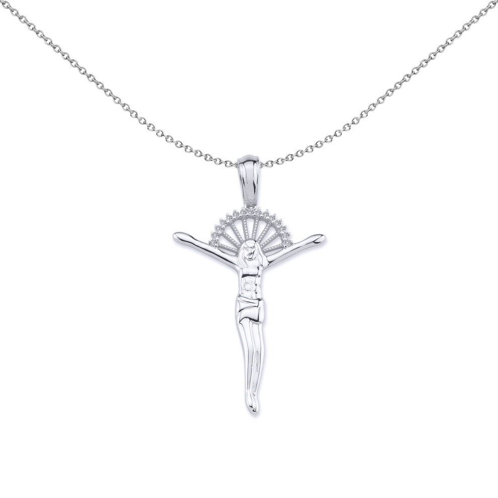 Jewelco London Unisex Sterling Silver Cubic Zirconia Sun Rays Crucifix Cross Pendant Necklace 18 inch - GVX046