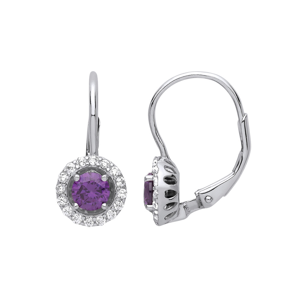 Jewelco London Ladies Sterling Silver Purple Cubic Zirconia Solitaire Halo Drop Earrings - GVE813AM