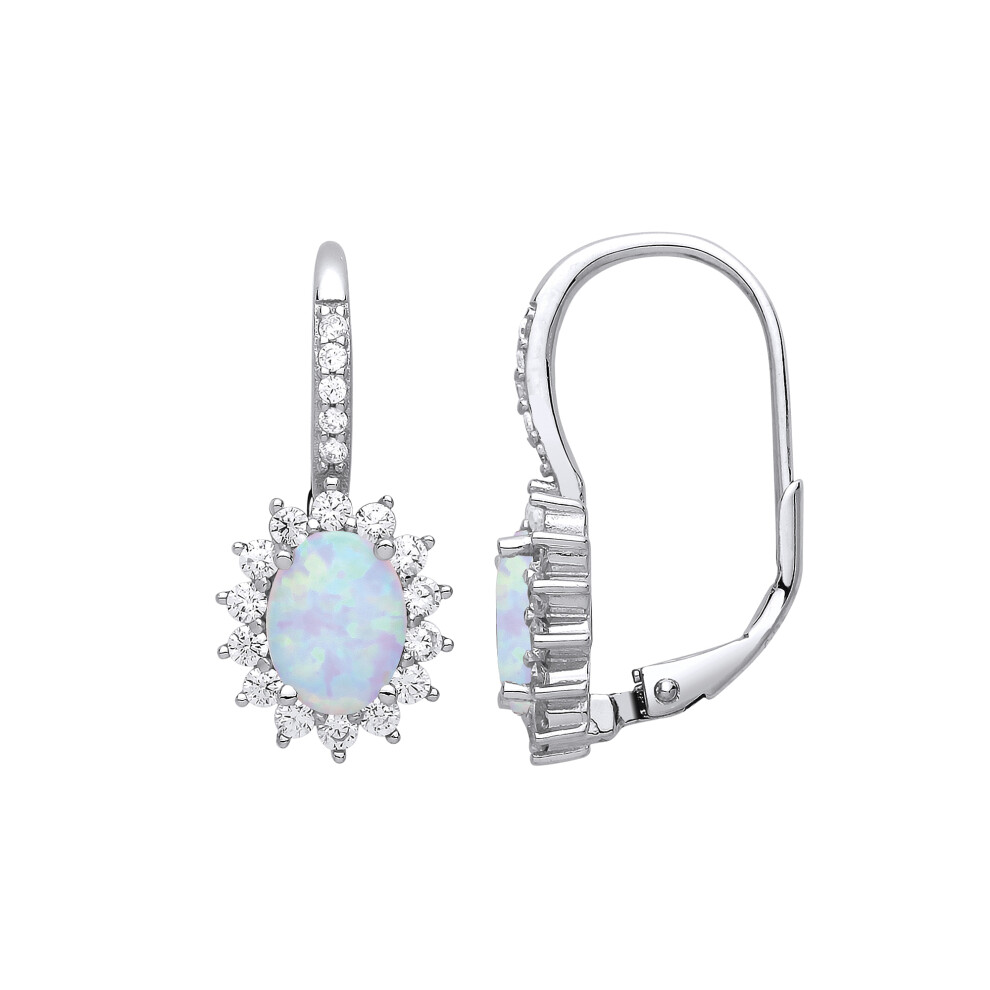Jewelco London Ladies Sterling Silver Oval Opal & Cubic Zirconia Classic Cluster Drop Earrings - GVE817OP