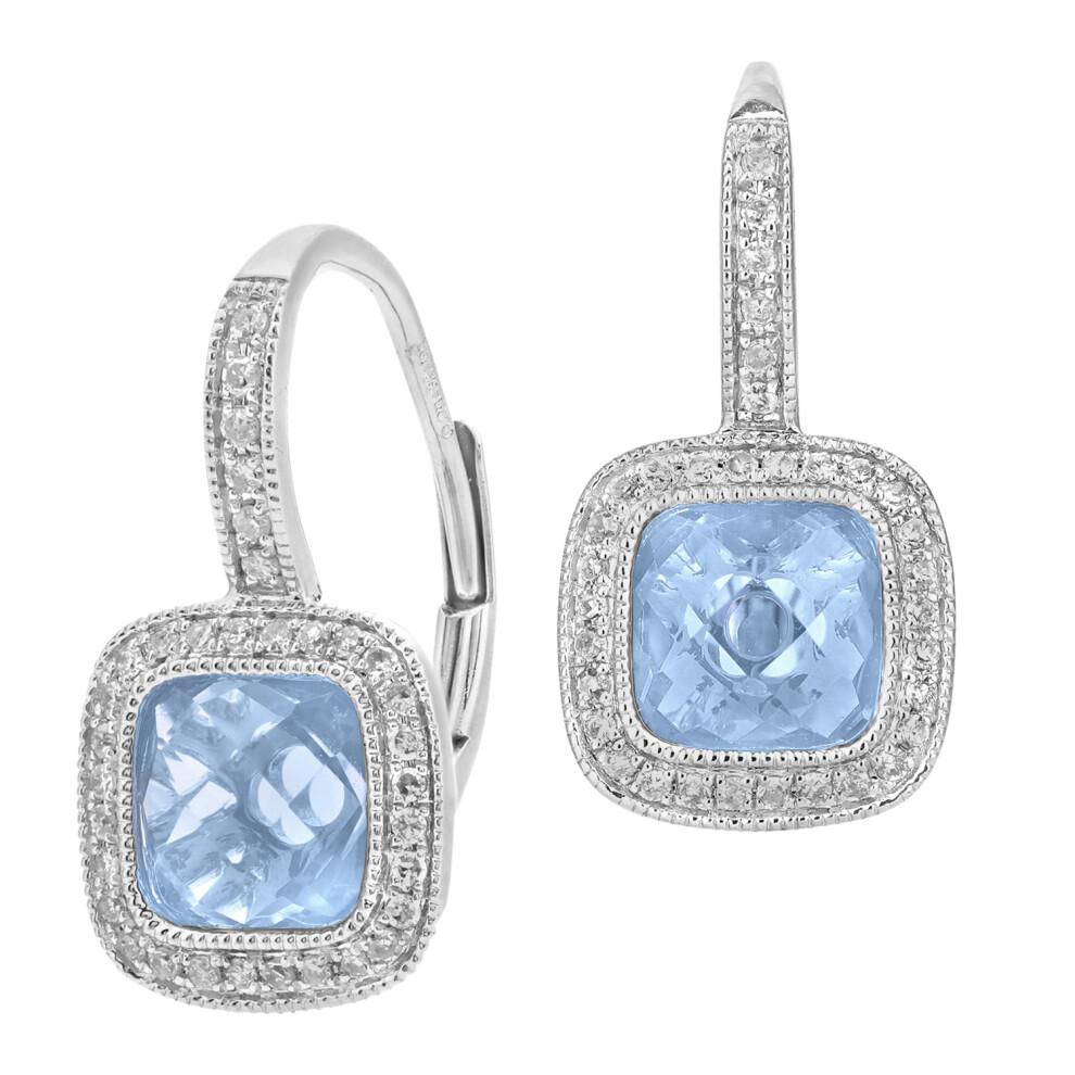 Jewelco London 9ct White Gold Round 20pts Diamond Cushion 3.55ct Blue Topaz Cocktail Drop Earrings - DE1AXL679WBT