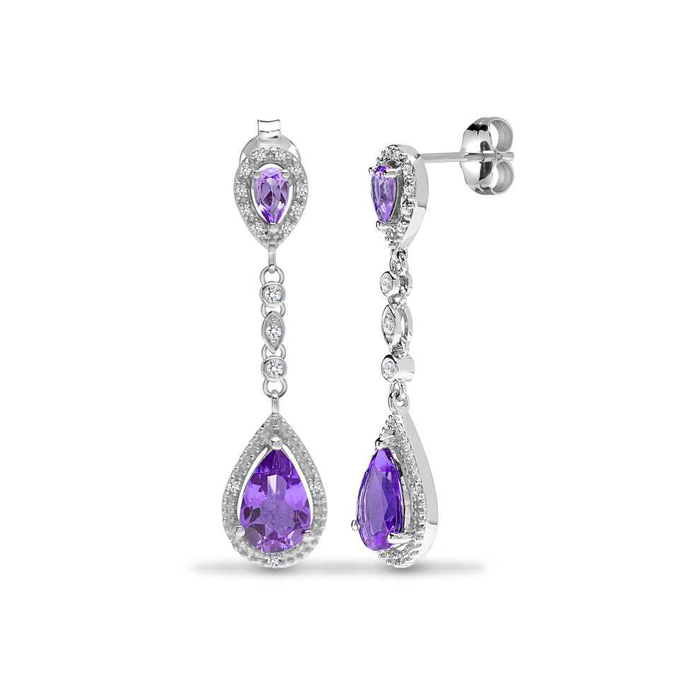 Jewelco London 9ct White Gold Claw Set H I1 0.19ct Diamond and Pear Purple 2.9ct Amethyst Happy Tears Drop Earrings - 9E196