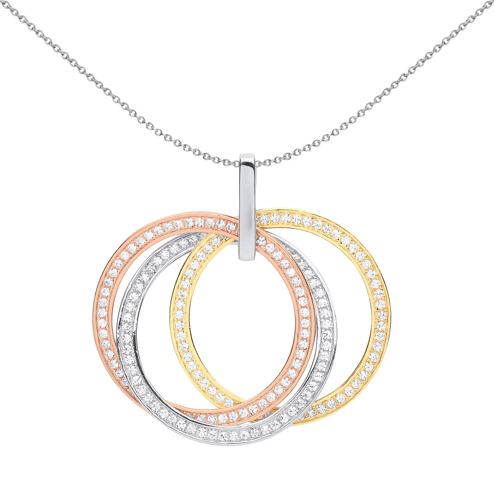 Jewelco London Ladies Rhodium Yellow & Rose Gold-Plated Sterling Silver Cubic Zirconia Russian Wedding Rings Pendant Necklace 18 inch - GVP533