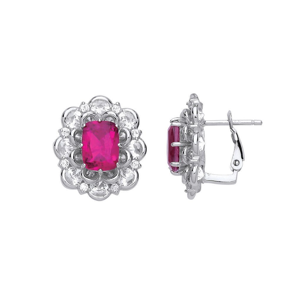Jewelco London Ladies Sterling Silver Ruby-Red Cushion Cubic Zirconia Supernova Flower Cluster Drop Earrings - GVE739RU