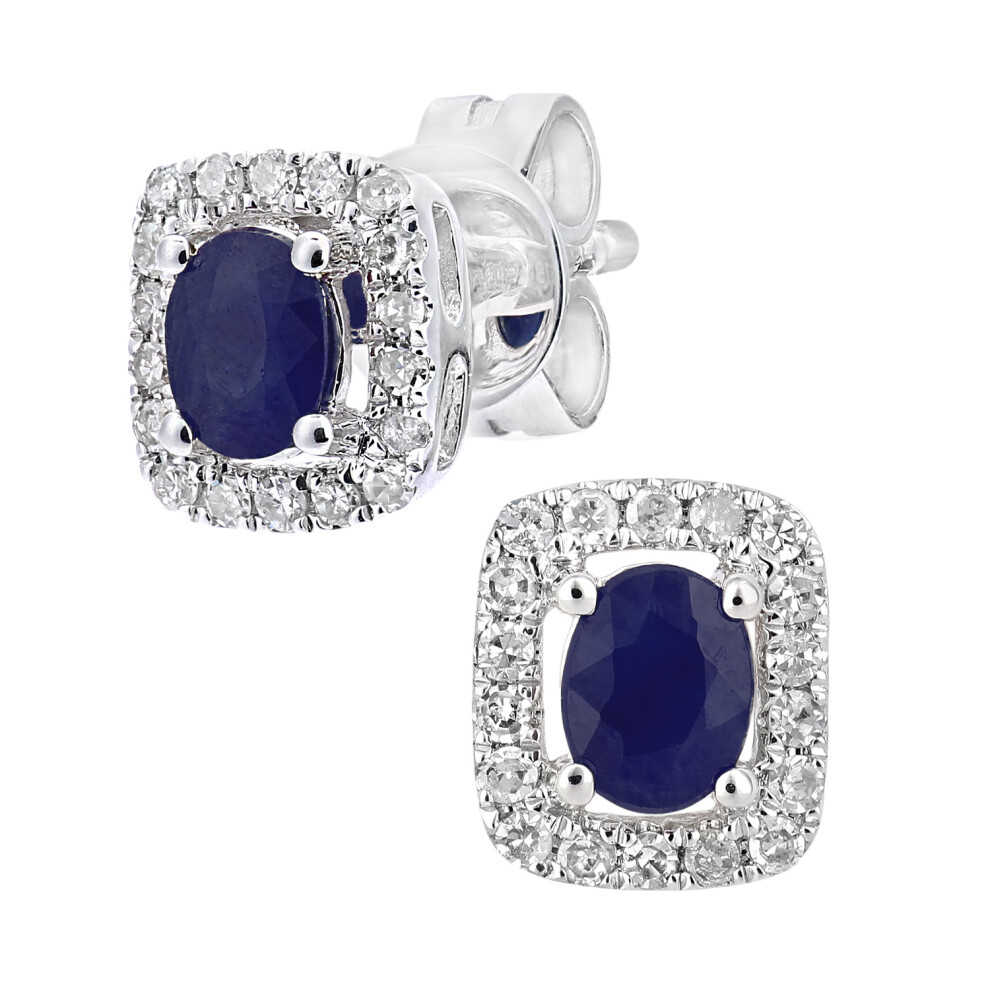 Jewelco London 9ct White Gold Round 13pts Diamond Oval 0.39ct Sapphire Cluster Stud Earrings - DE1AXL611WSA