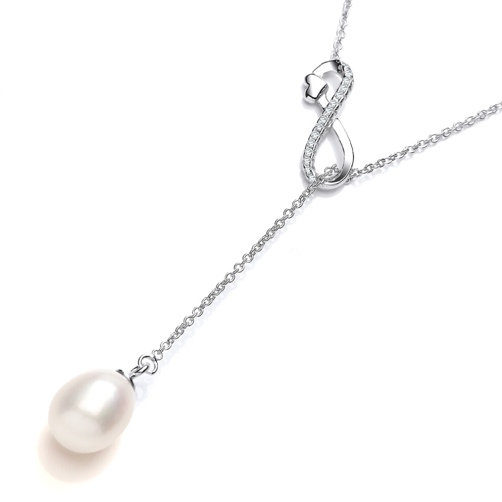 Jewelco London Ladies Sterling Silver Cubic Zirconia & Freshwater Cultured Pearl Infinity Love Heart Lariat Necklace 9x11mm - GVK333