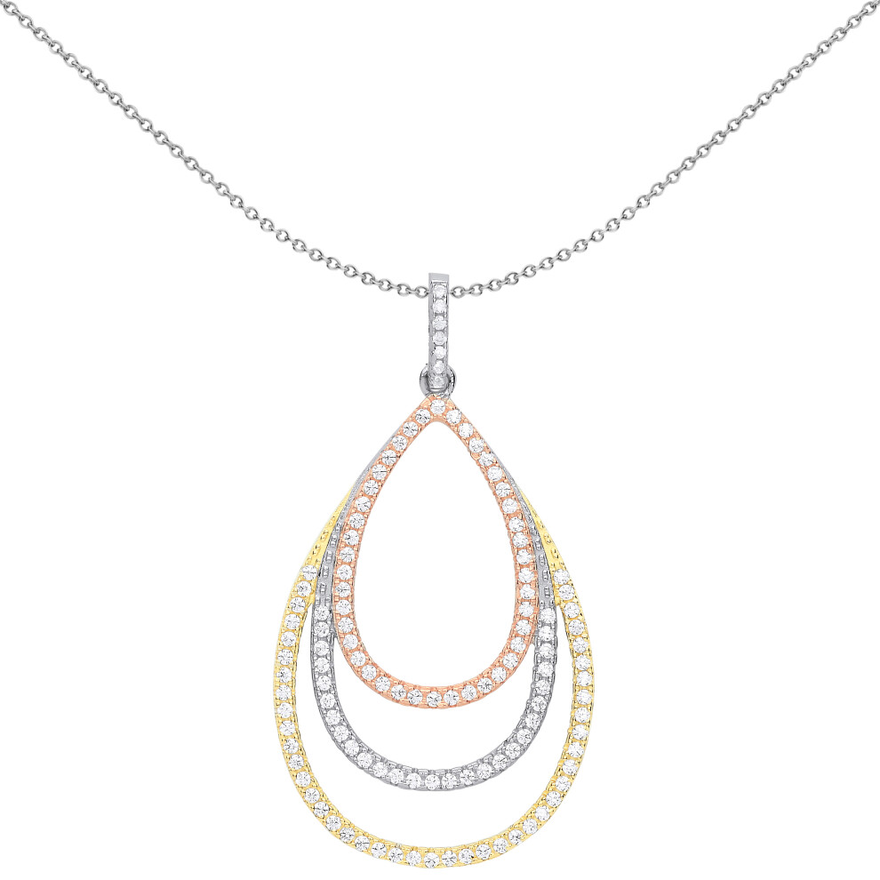 Jewelco London Ladies Rhodium Yellow & Rose Gold-Plated Sterling Silver Cubic Zirconia Triple Tier Halo Tear Pendant Necklace 18 inch - GVP534