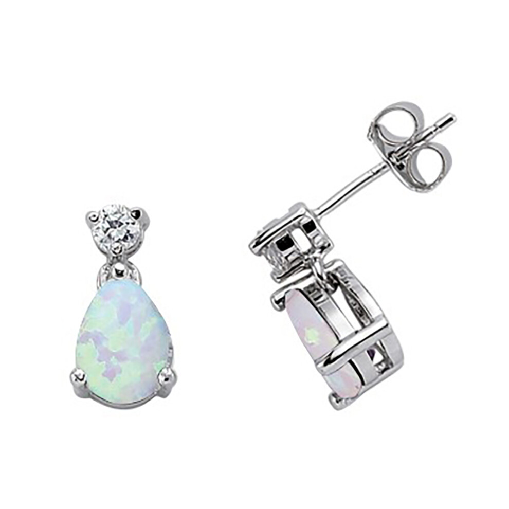 Jewelco London Ladies Sterling Silver Pear Opal & Cubic Zirconia Tears of Joy Stud Drop Earrings - GVE197OP