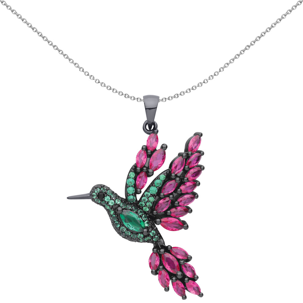 Jewelco London Black Sterling Silver Emerald-Green Ruby-Red Marquise CZ Majestic Hummingbird Charm Necklace 18 inch - GVP539