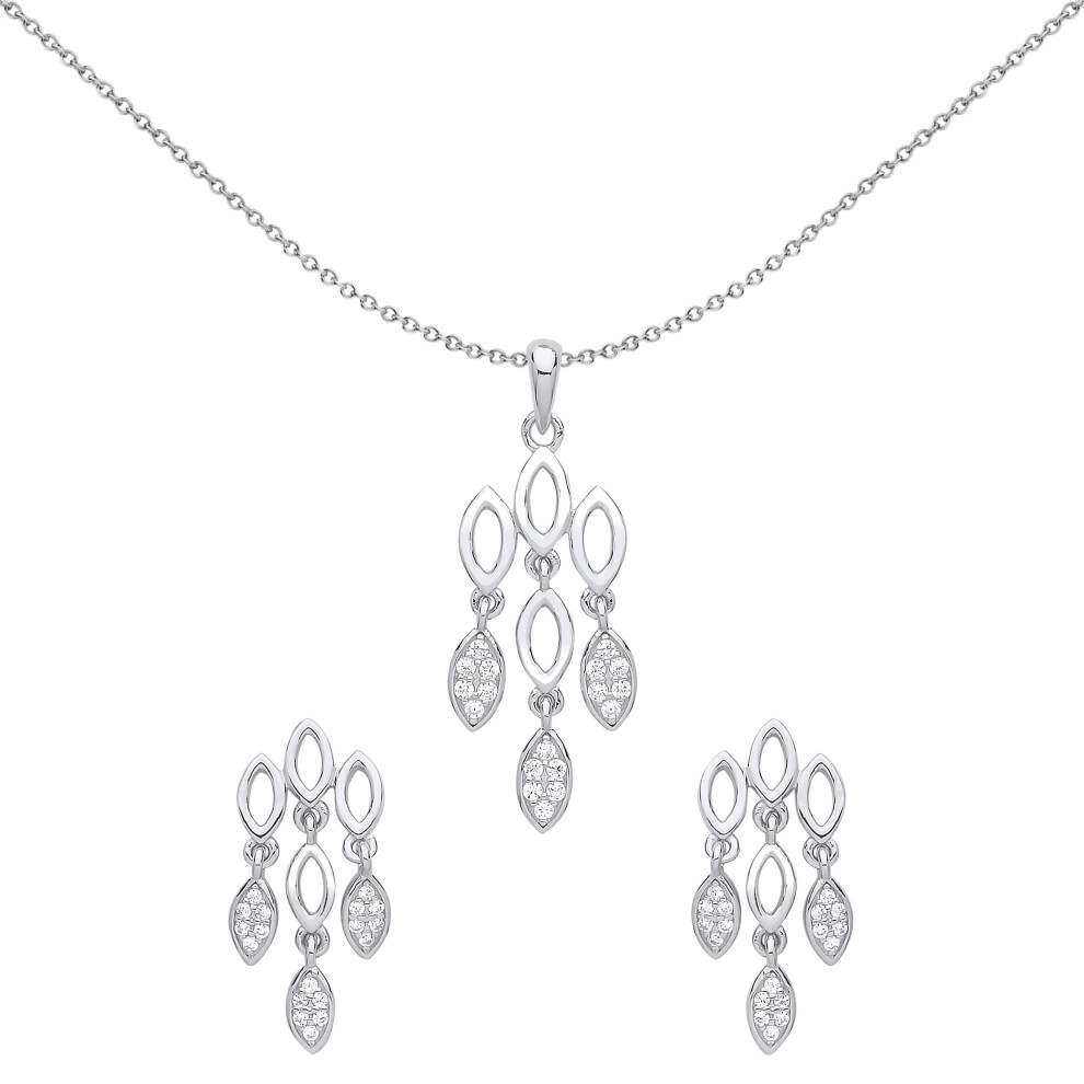Jewelco London Ladies Sterling Silver Cubic Zirconia Chandelier lights Earrings Necklace Set - GSET610