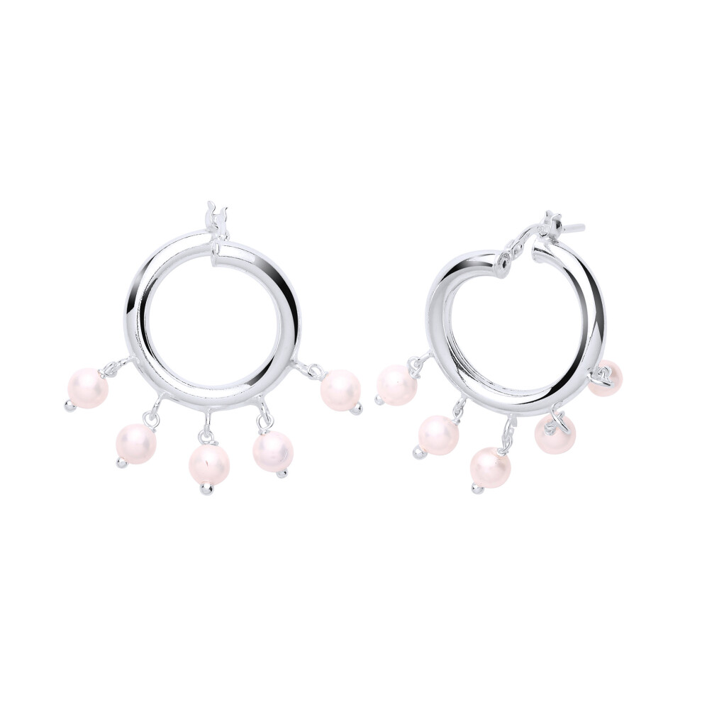 Jewelco London Ladies Sterling Silver Simulated Pearl Chandelier Droplets Hoop Drop Earrings 19mm 4mm - GVE759